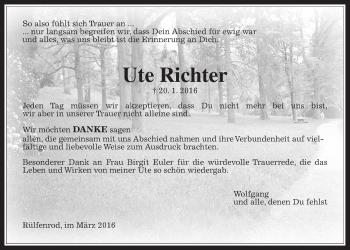 Traueranzeige von Ute Richter von Gießener Allgemeine, Alsfelder Allgemeine, Alsfelder Allgemeine
