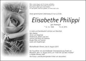 Traueranzeige von Elisabethe Philippi von Gießener Allgemeine, Alsfelder Allgemeine