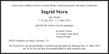 Traueranzeige von Ingrid Stern von Wetterauer Zeitung, Wetterauer Zeitung
