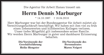 Traueranzeige von Dennis Marburger von Wetterauer Zeitung, Wetterauer Zeitung