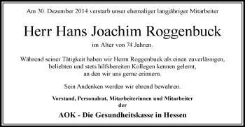 Traueranzeige von Hans Joachim Roggenbuck von Giessener Allgemeine, Alsfelder Allgemeine