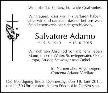 Traueranzeige von Salvatore Adamo von Gießener Allgemeine, Alsfelder Allgemeine