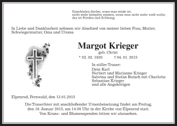 Traueranzeige von Margot Krieger von Alsfelder Allgemeine