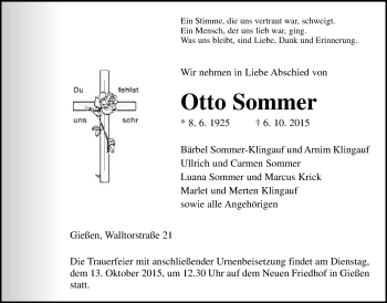 Traueranzeige von Otto Sommer von Gießener Allgemeine, Alsfelder Allgemeine