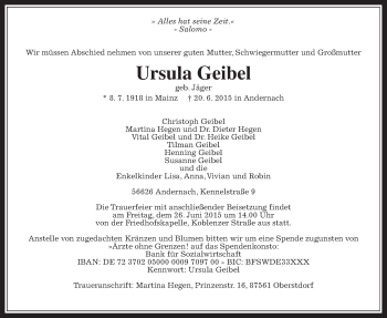 Traueranzeige von Ursula Geibel von Gießener Allgemeine, Alsfelder Allgemeine