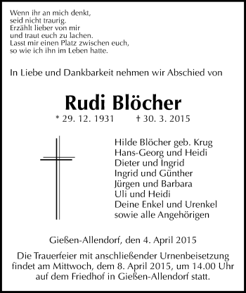 Traueranzeige von Rudi Blöcher von Gießener Allgemeine, Alsfelder Allgemeine
