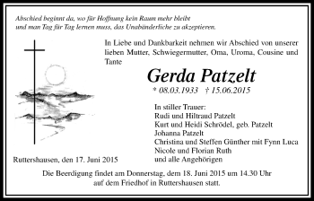 Traueranzeige von Gerda Patzelt von Gießener Allgemeine, Alsfelder Allgemeine