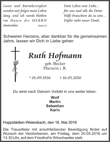 Traueranzeige von Ruth Hofmann von Gießener Allgemeine, Alsfelder Allgemeine