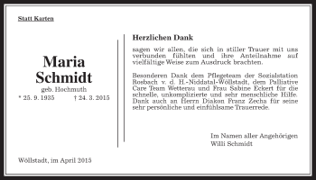 Traueranzeige von Maria Schmidt von Wetterauer Zeitung, Wetterauer Zeitung