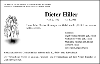Traueranzeige von Dieter Hiller von Gießener Allgemeine, Alsfelder Allgemeine