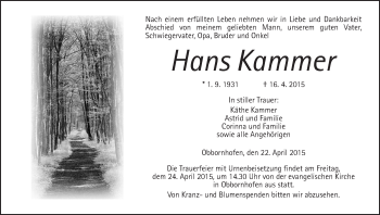 Traueranzeige von Hans Kammer von Gießener Allgemeine, Alsfelder Allgemeine