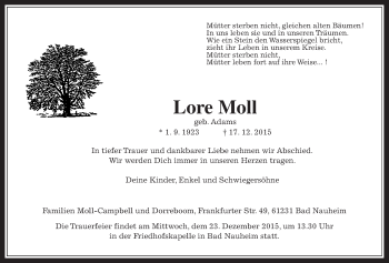 Traueranzeige von Lore Moll von Wetterauer Zeitung, Wetterauer Zeitung