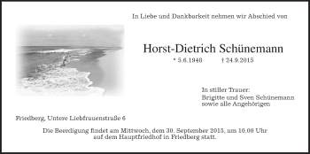 Traueranzeige von Horst-Dietrich Schünemann von Wetterauer Zeitung, Wetterauer Zeitung