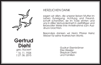 Traueranzeige von Gertrud Diehl von Wetterauer Zeitung, Wetterauer Zeitung