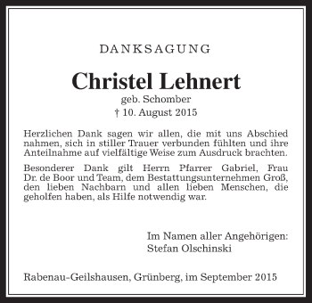 Traueranzeige von Christel Lehnert von Gießener Allgemeine, Alsfelder Allgemeine