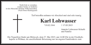 Traueranzeige von Karl Lohwasser von Gießener Allgemeine, Alsfelder Allgemeine