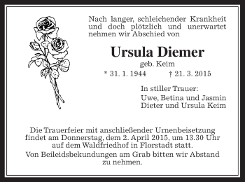 Traueranzeige von Ursula Diemer von Wetterauer Zeitung, Wetterauer Zeitung