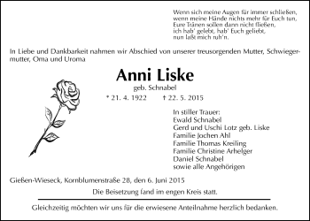 Traueranzeige von Anni Liske von Gießener Allgemeine, Alsfelder Allgemeine