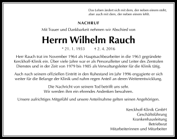 Traueranzeige von Wilhelm Rauch von Wetterauer Zeitung, Wetterauer Zeitung