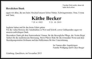 Traueranzeige von Käthe Becker von Gießener Allgemeine, Alsfelder Allgemeine