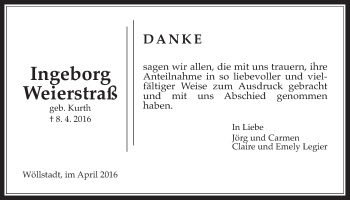Traueranzeige von Ingeborg Weierstraß von Wetterauer Zeitung, Wetterauer Zeitung
