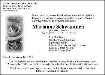 Traueranzeige von Marianne Schwantuch von Gießener Allgemeine, Alsfelder Allgemeine