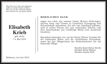 Traueranzeige von Elisabeth Krieb von Rabenauer Zeitung