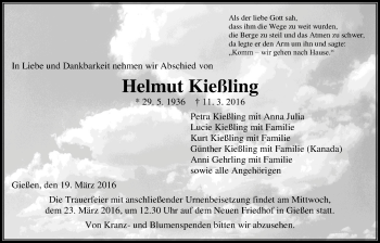 Traueranzeige von Helmut Kießling von Gießener Allgemeine, Alsfelder Allgemeine
