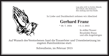 Traueranzeige von Gerhard Franz von Wetterauer Zeitung, Wetterauer Zeitung
