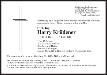 Traueranzeige von Harry Krüdener von Wetterauer Zeitung, Wetterauer Zeitung