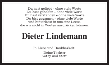 Traueranzeige von Dieter Lindemann von Gießener Allgemeine, Alsfelder Allgemeine