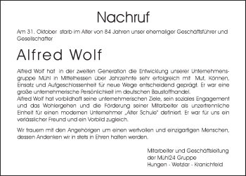 Traueranzeige von Alfred Wolf von Gießener Allgemeine, Alsfelder Allgemeine, Wetterauer Zeitung, Wetterauer Zeitung