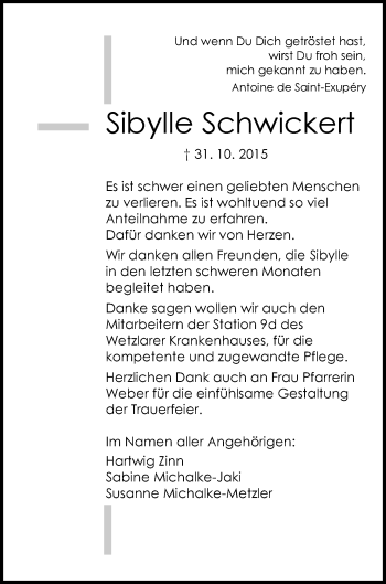 Traueranzeige von Sibylle Schwickert von Gießener Allgemeine, Alsfelder Allgemeine