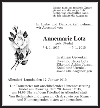 Traueranzeige von Annemarie Lotz von Giessener Allgemeine, Alsfelder Allgemeine