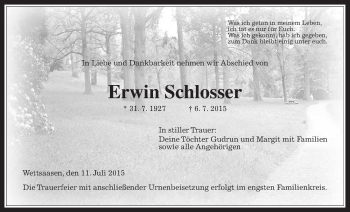 Traueranzeige von Erwin Schlosser von Alsfelder Allgemeine