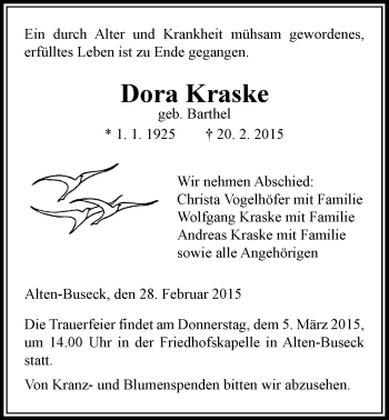Traueranzeige von Dora Kraske von Gießener Allgemeine, Alsfelder Allgemeine