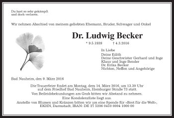 Traueranzeige von Ludwig Becker von Wetterauer Zeitung, Wetterauer Zeitung