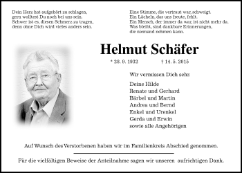 Traueranzeige von Helmut Schäfer von Gießener Allgemeine, Alsfelder Allgemeine