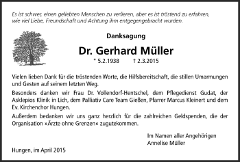 Traueranzeige von Gerhard Müller von Licher Wochenblatt, Licher Wochenblatt, Licher Wochenblatt