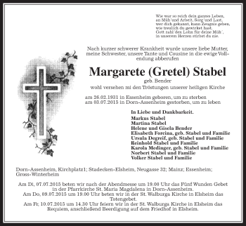 Traueranzeige von Margarete Stabel von Wetterauer Zeitung, Wetterauer Zeitung