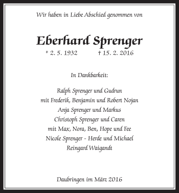 Traueranzeige von Eberhard Sprenger von Gießener Allgemeine, Alsfelder Allgemeine