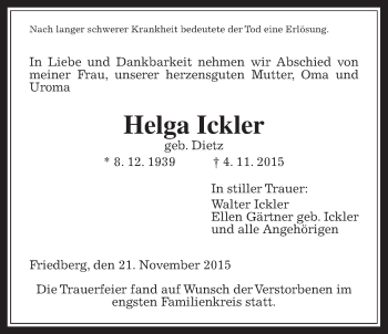 Traueranzeige von Helga Ickler von Wetterauer Zeitung, Wetterauer Zeitung