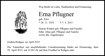Traueranzeige von Erna Pflugner von Gießener Allgemeine, Alsfelder Allgemeine