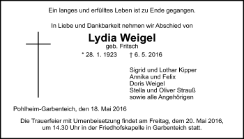 Traueranzeige von Lydia Weigel von Gießener Allgemeine, Alsfelder Allgemeine