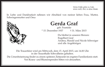 Traueranzeige von Gerda Graf von Wetterauer Zeitung, Wetterauer Zeitung