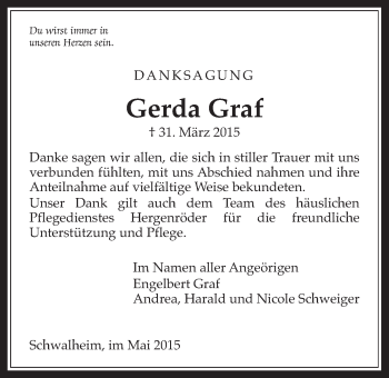 Traueranzeige von Gerda Graf von Wetterauer Zeitung, Wetterauer Zeitung