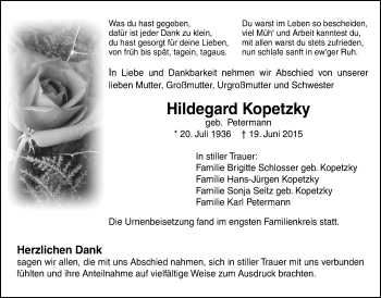 Traueranzeige von Hildegard Kopetzky von Licher Wochenblatt, Licher Wochenblatt, Licher Wochenblatt