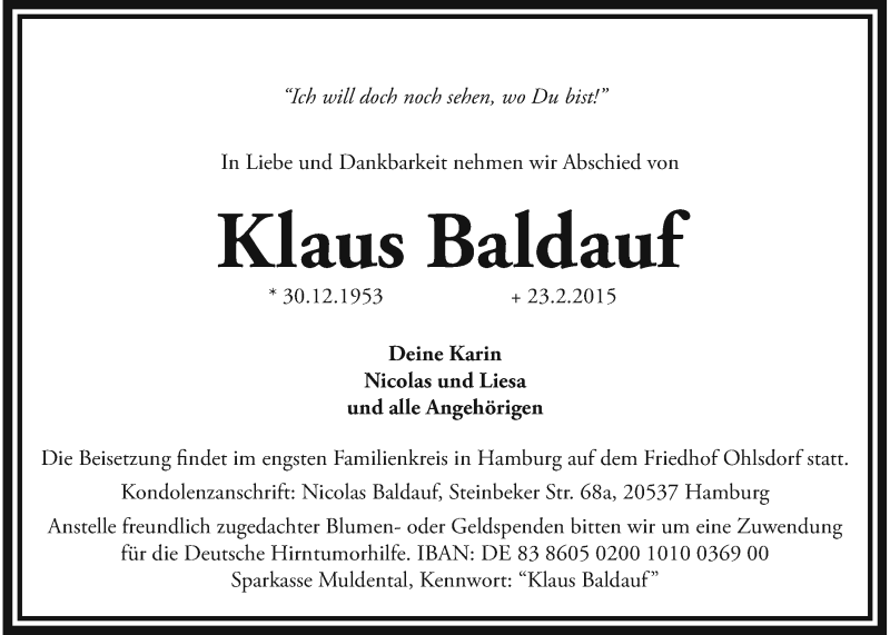  Traueranzeige für Klaus Baldauf vom 26.02.2015 aus Gießener Allgemeine, Alsfelder Allgemeine, Wetterauer Zeitung, Wetterauer Zeitung