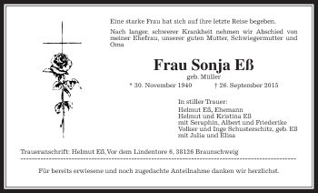 Traueranzeige von Sonja Eß von Wetterauer Zeitung, Wetterauer Zeitung