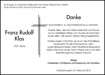 Traueranzeige von Franz Rudolf Klos von Gießener Allgemeine, Alsfelder Allgemeine